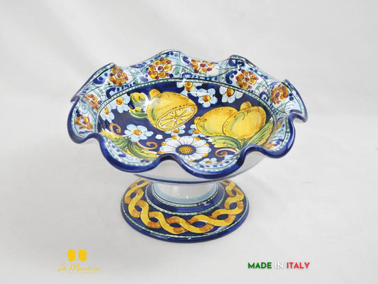 Centrotavola Ciotola con alzata orlata Ceramica Caltagirone blu cobalto 31cm