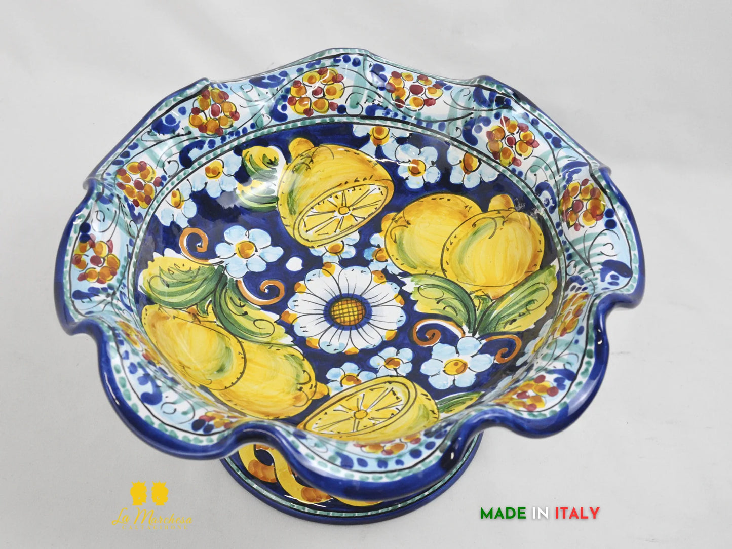 Centrotavola Ciotola con alzata orlata Ceramica Caltagirone blu cobalto 31cm