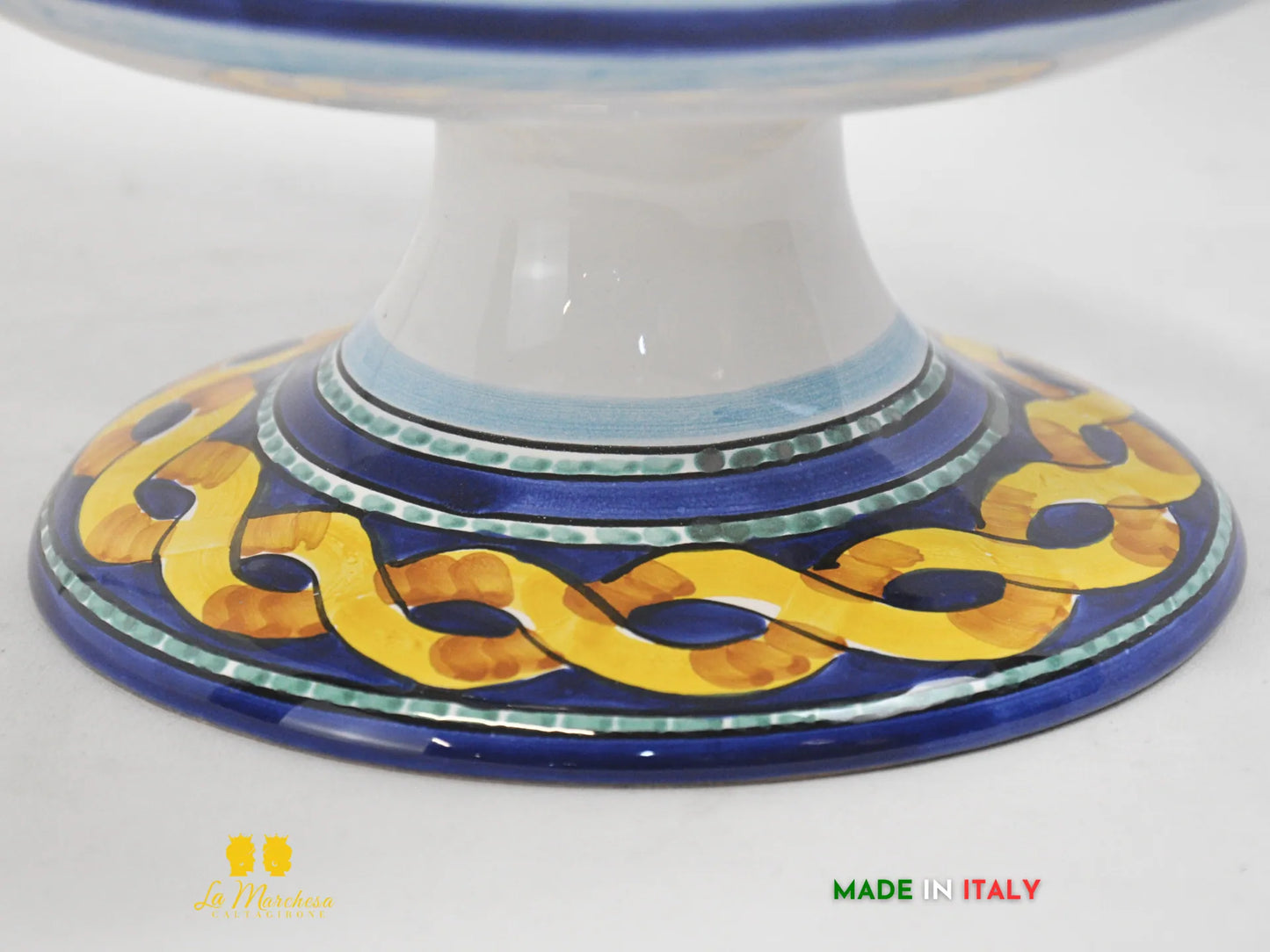 Centrotavola Ciotola con alzata orlata Ceramica Caltagirone blu cobalto 31cm