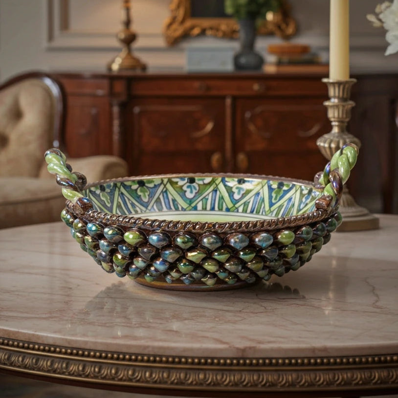 Cesta Centrotavola Madreperla Ceramica di Caltagirone Pigna Arlecchino 28cm