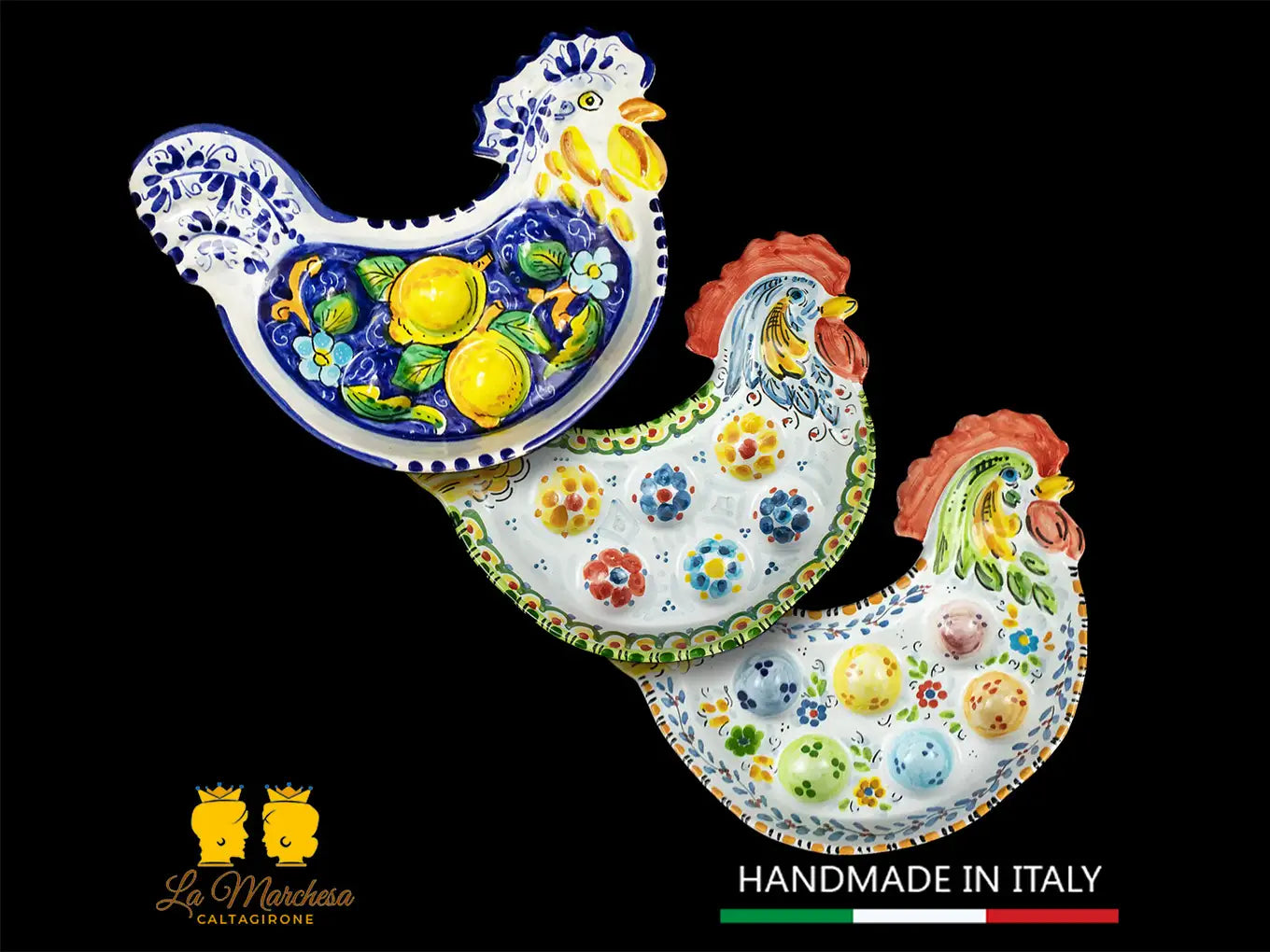 Piatto portauova Gallo in Ceramica di Caltagirone vari decori