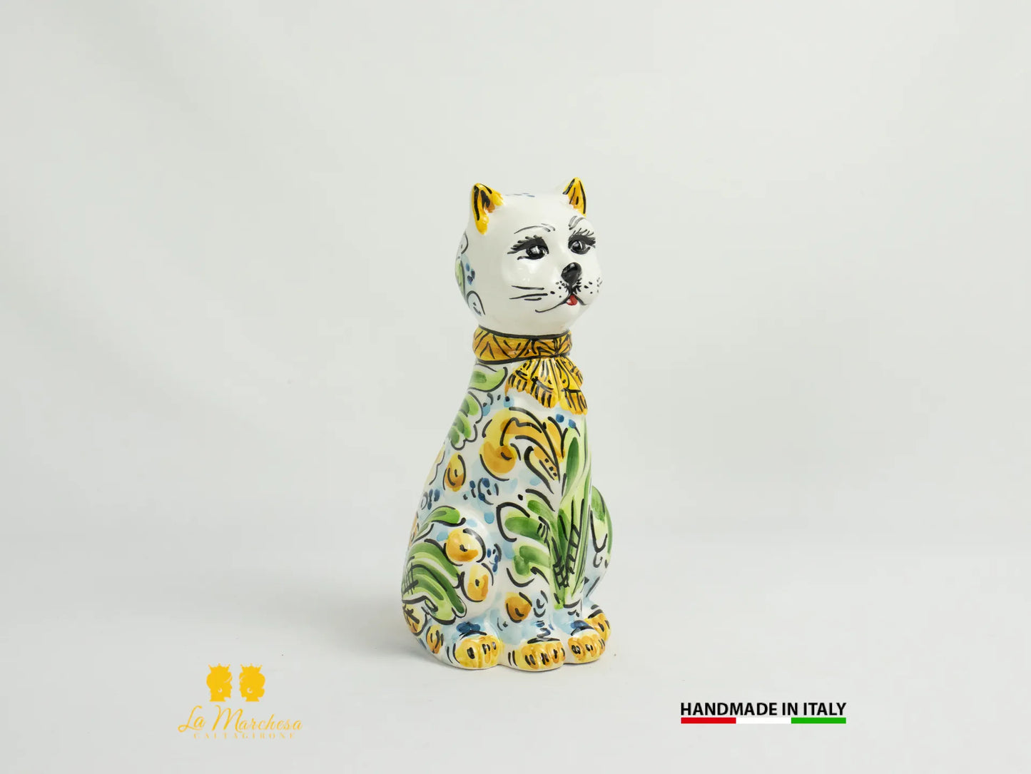 Gatto in Ceramica di Caltagirone verde ornato cm20