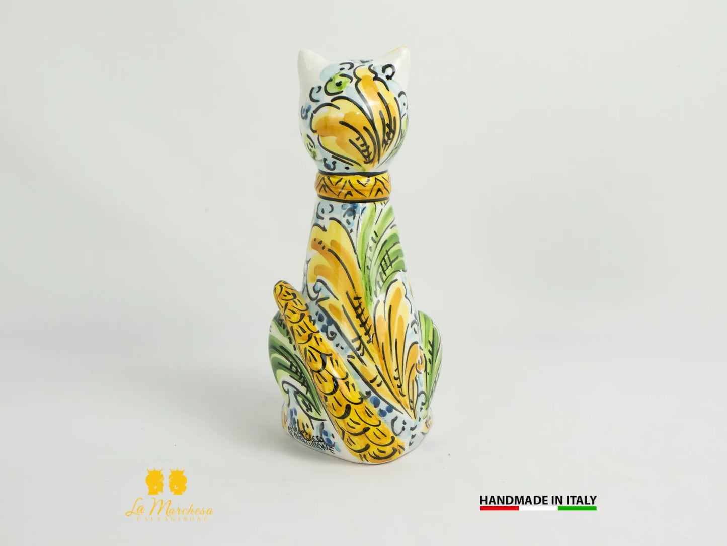 Gatto in Ceramica di Caltagirone verde ornato cm20