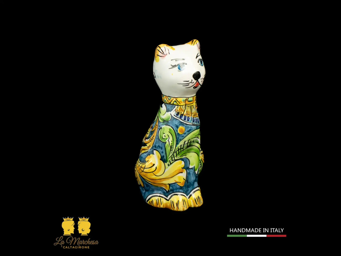 Gatto in Ceramica di Caltagirone blu cobalto ornato cm20