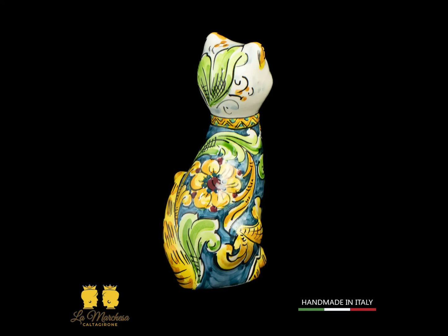 Gatto in Ceramica di Caltagirone blu cobalto ornato cm20