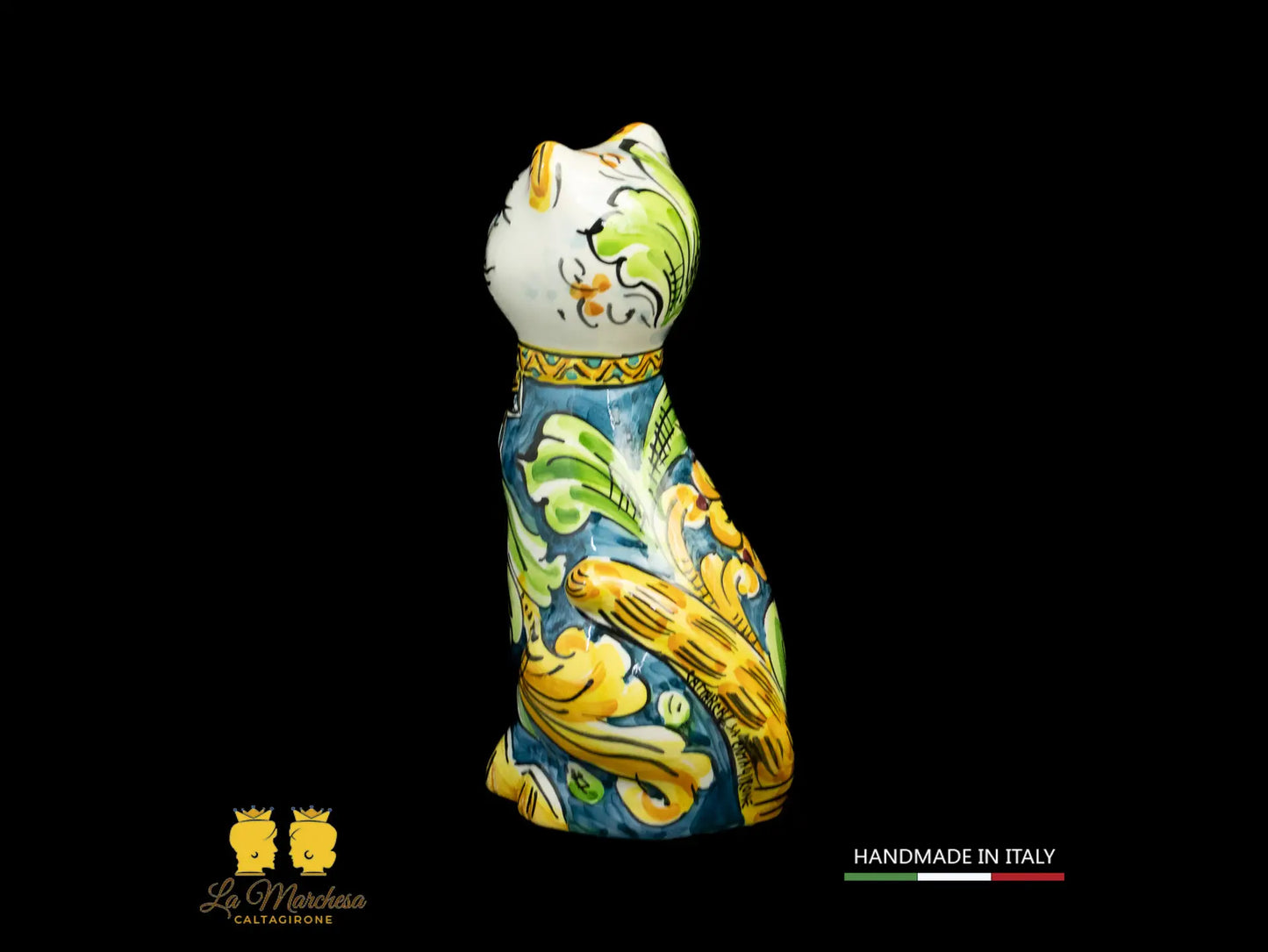 Gatto in Ceramica di Caltagirone blu cobalto ornato cm20