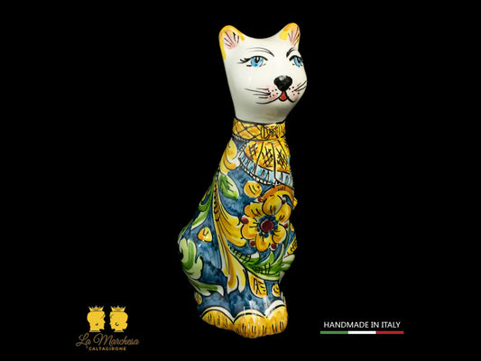 Gatto in Ceramica di Caltagirone ornato blu ornato cm25