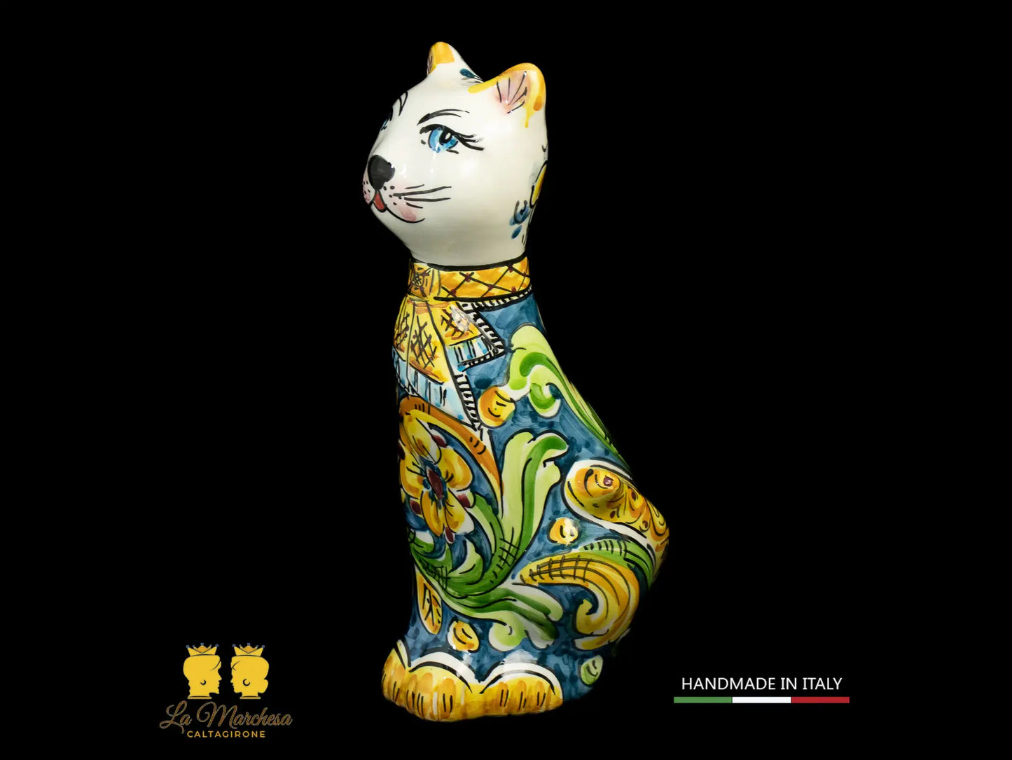 Gatto in Ceramica di Caltagirone ornato blu ornato cm25