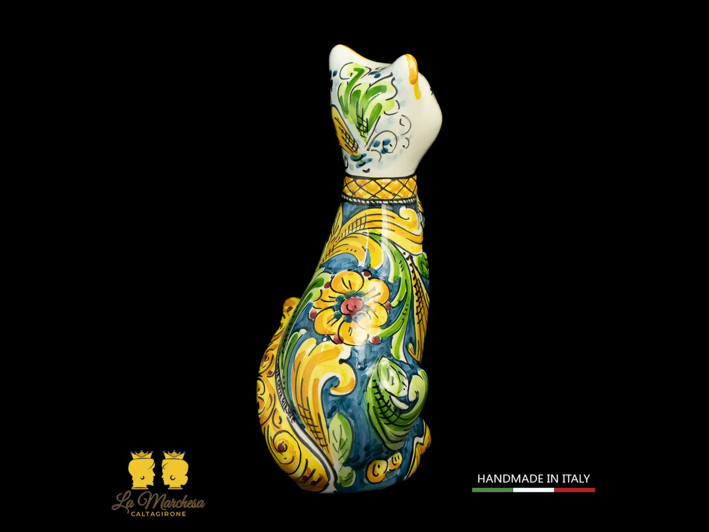 Gatto in Ceramica di Caltagirone ornato blu ornato cm25