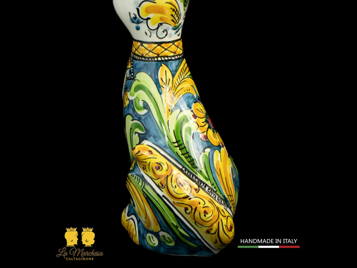 Gatto in Ceramica di Caltagirone ornato blu ornato cm25