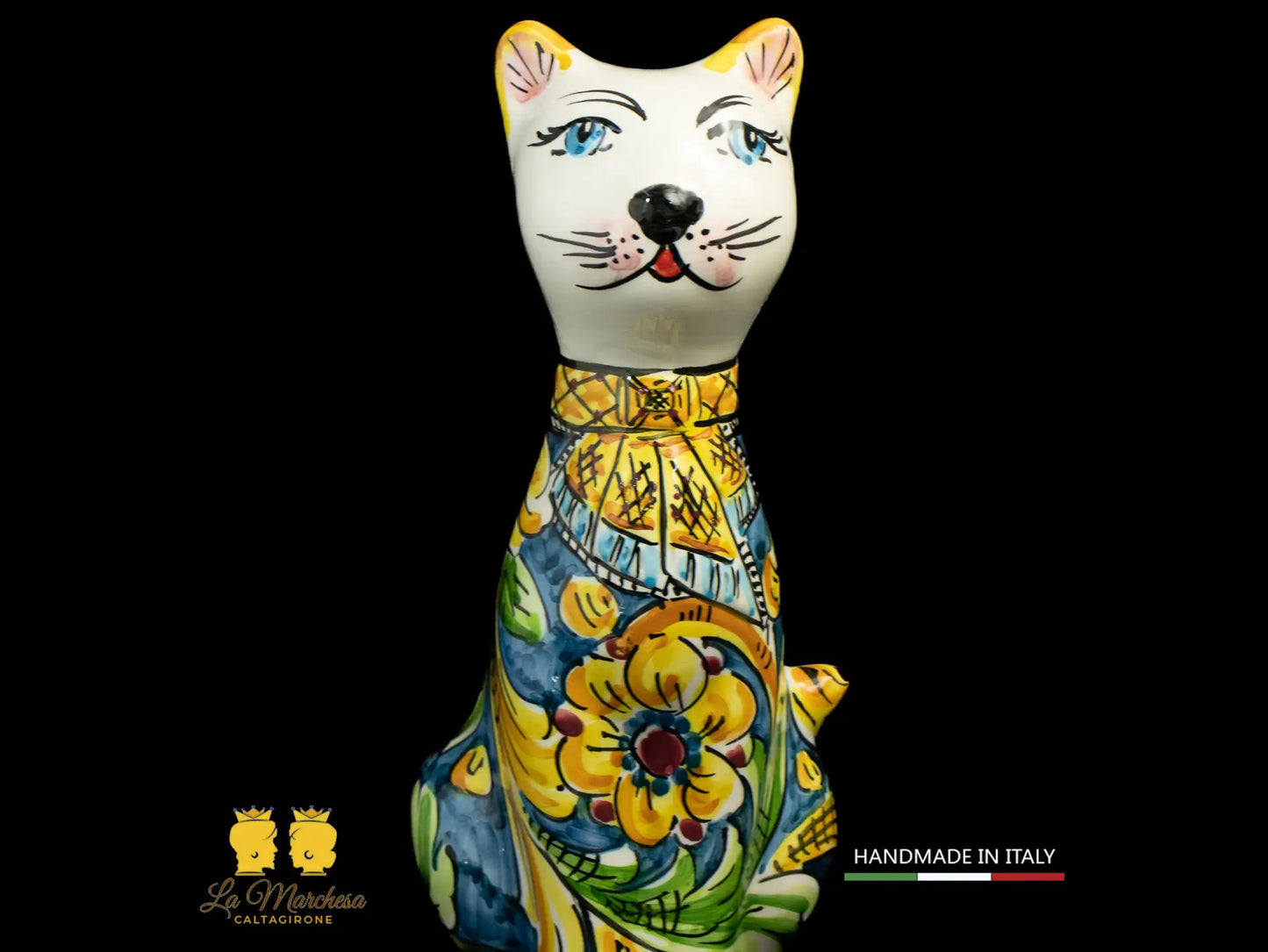Gatto in Ceramica di Caltagirone ornato blu ornato cm25