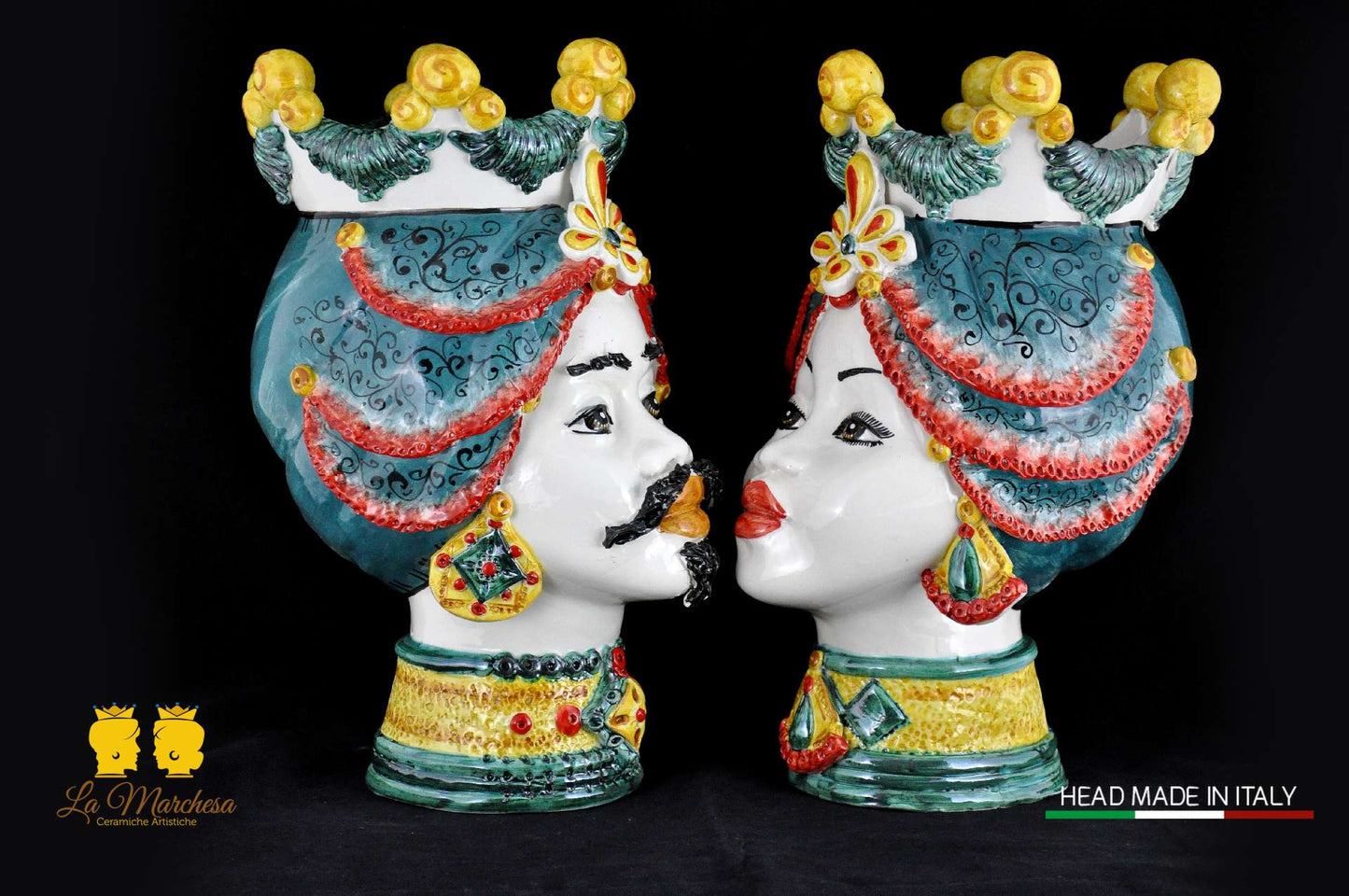 Coppia Teste di Moro in Ceramica di Caltagirone Sicilia h39