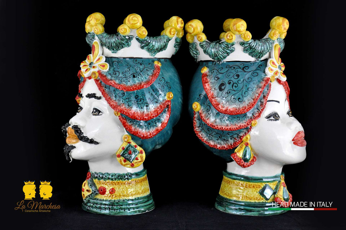 Coppia Teste di Moro in Ceramica di Caltagirone Sicilia h39