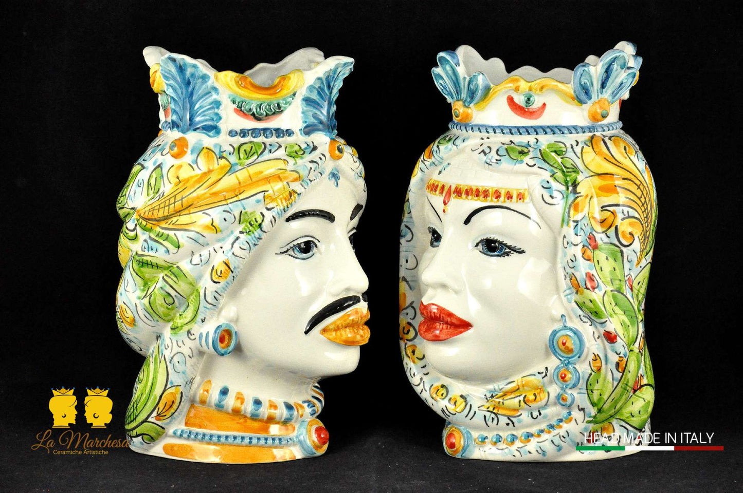 Teste di Moro in Ceramica di Caltagirone Afro Fichi d'india 25cm