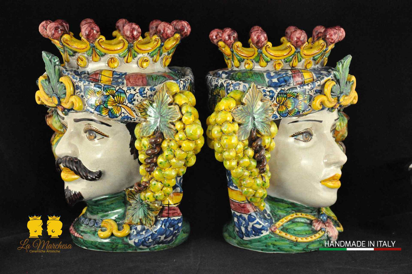 Teste di Moro Ceramica di Caltagirone frutta e panneggio H33
