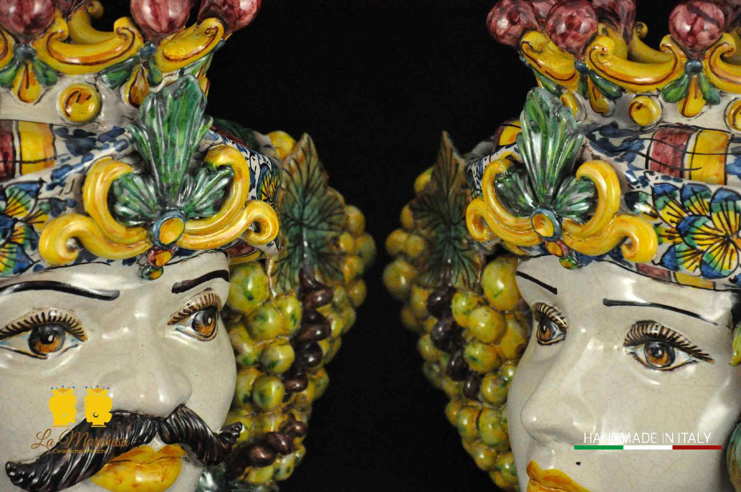 Teste di Moro Ceramica di Caltagirone frutta e panneggio H33