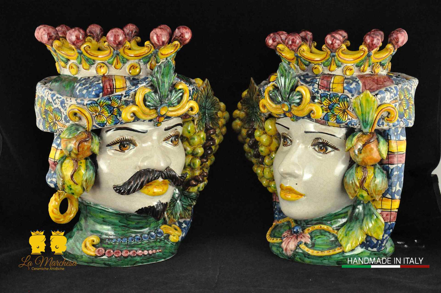 Teste di Moro Ceramica di Caltagirone frutta e panneggio H33