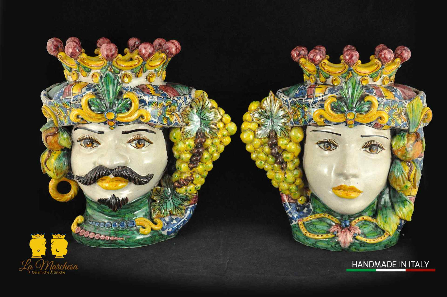 Teste di Moro Ceramica di Caltagirone frutta e panneggio H33