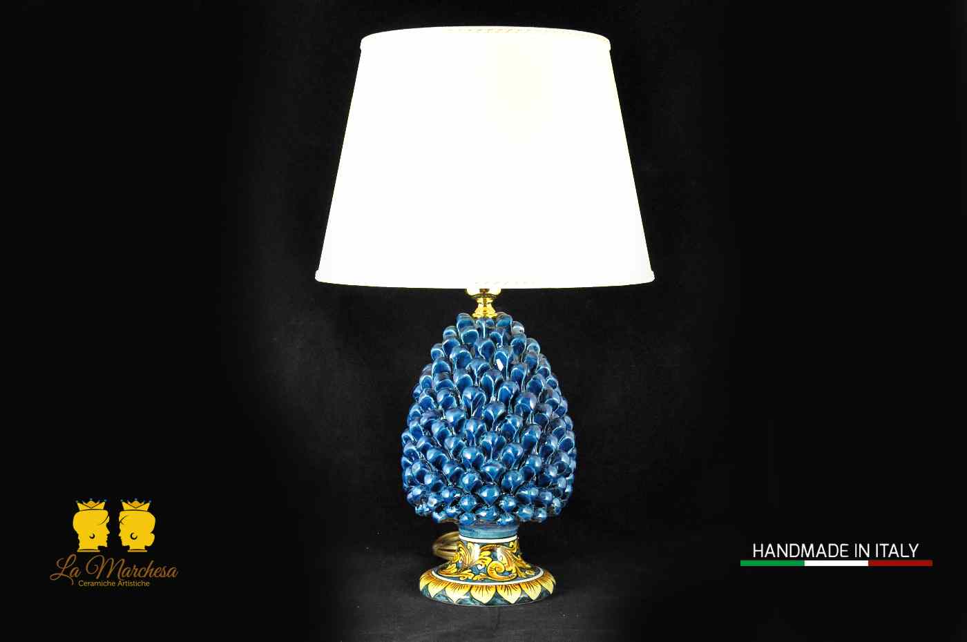 Lampada Pigna Siciliana Ceramica di Caltagirone base decorata blu antico 25cm
