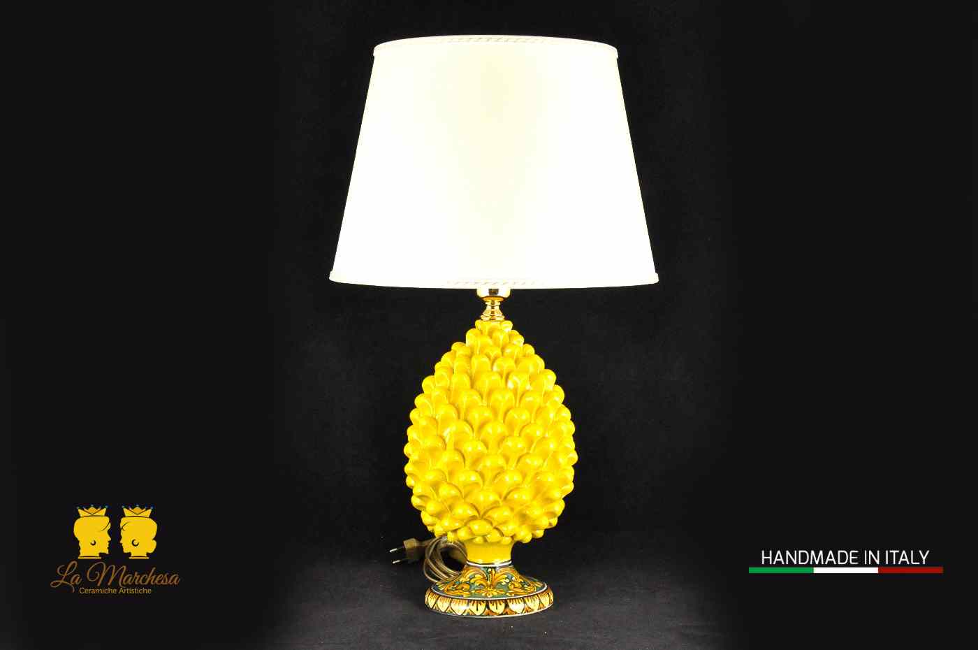 Lampada Pigna Siciliana Ceramica di Caltagirone base decorata giallo 25cm