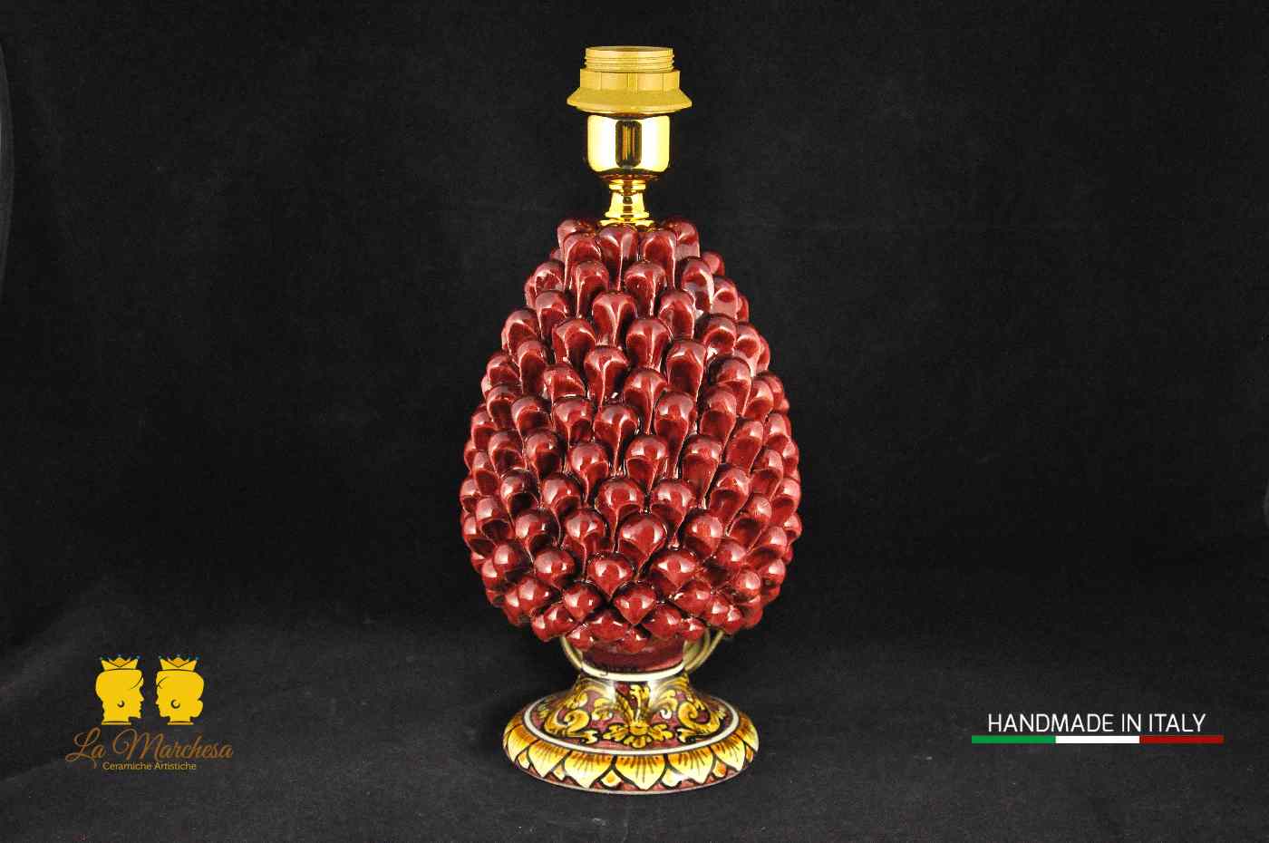 Lampada Pigna Siciliana Ceramica di Caltagirone base decorata bordeaux 25cm