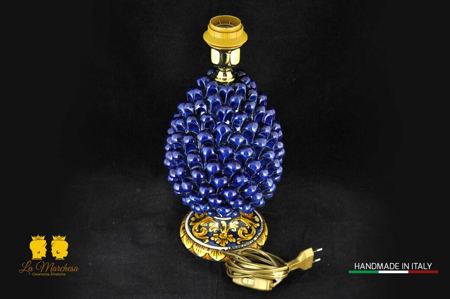 Lampada Pigna Siciliana Ceramica di Caltagirone base decorata blu cobalto 25cm