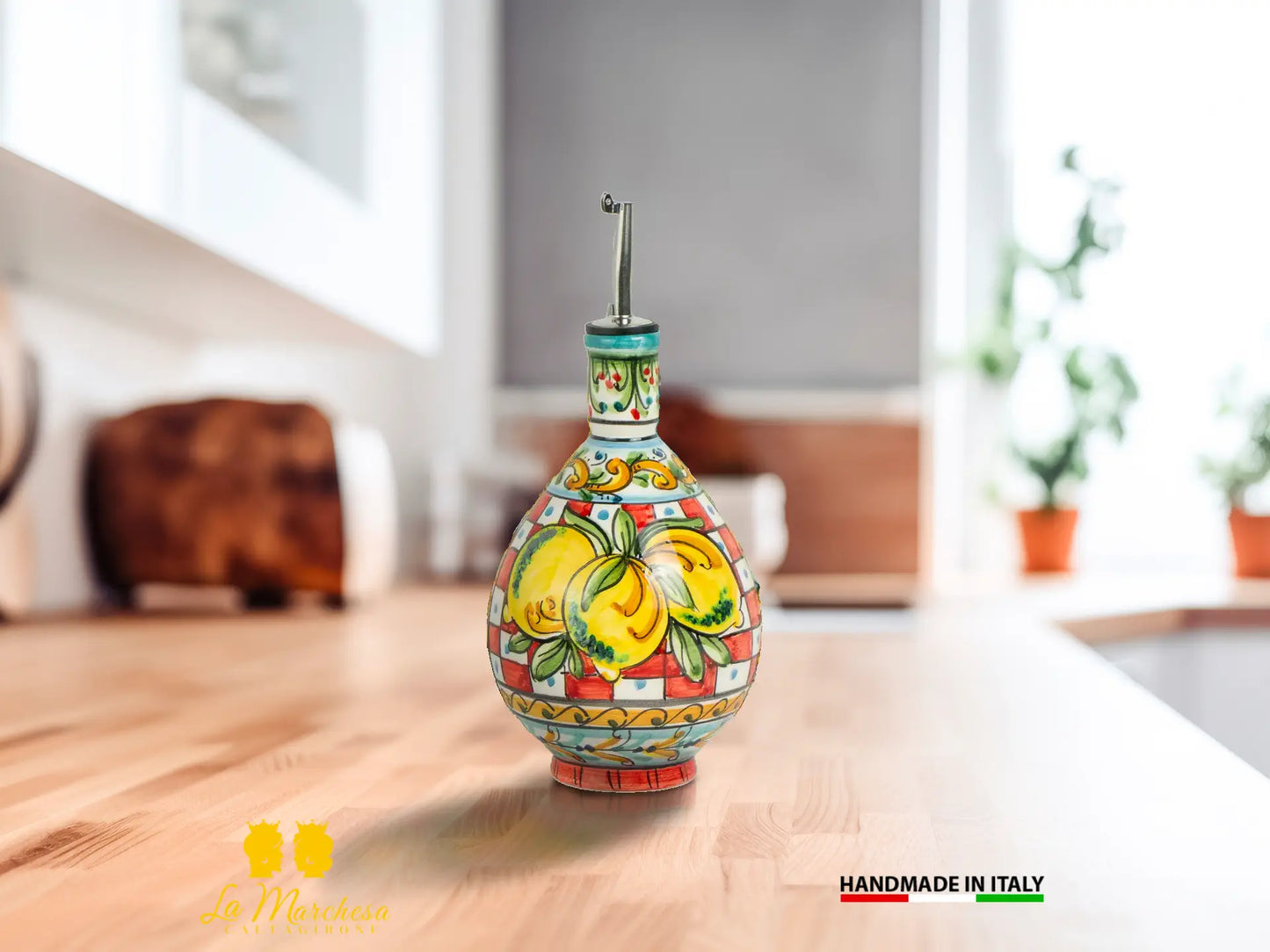 Oliera in Ceramica di Caltagirone decorata a mano tonda dosatore