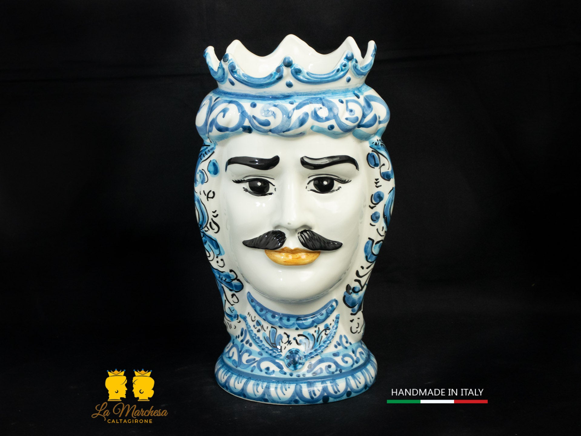 Testa di Moro Uomo in Ceramica di Caltagirone bianco decoro blu antico 26cm