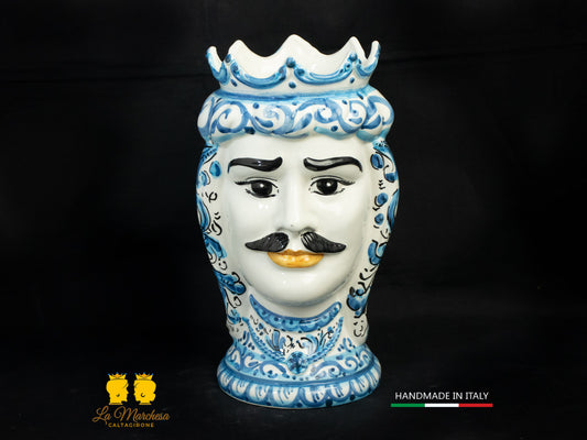 Testa di Moro Uomo in Ceramica di Caltagirone bianco decoro blu antico 26cm