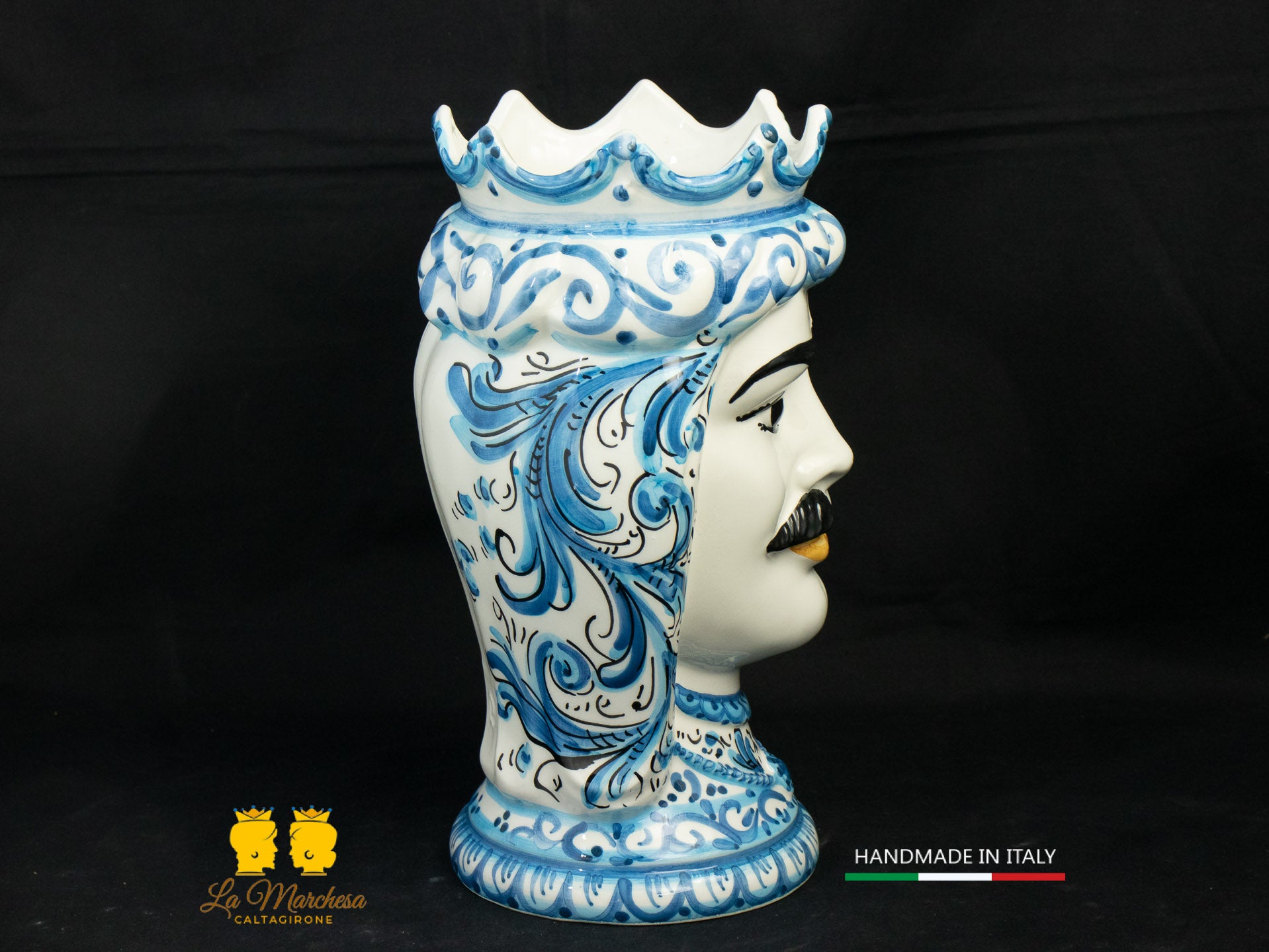 Testa di Moro Uomo in Ceramica di Caltagirone bianco decoro blu antico 26cm