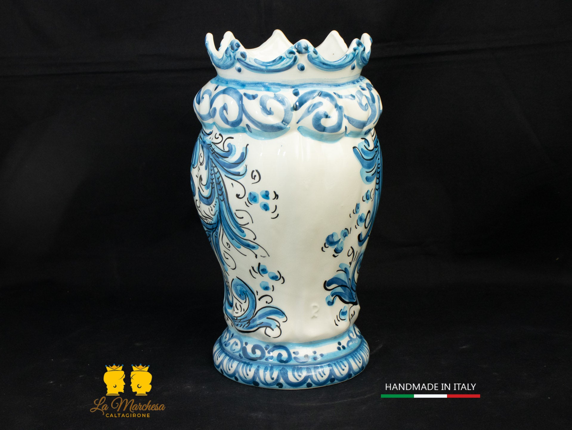 Testa di Moro Uomo in Ceramica di Caltagirone bianco decoro blu antico 26cm