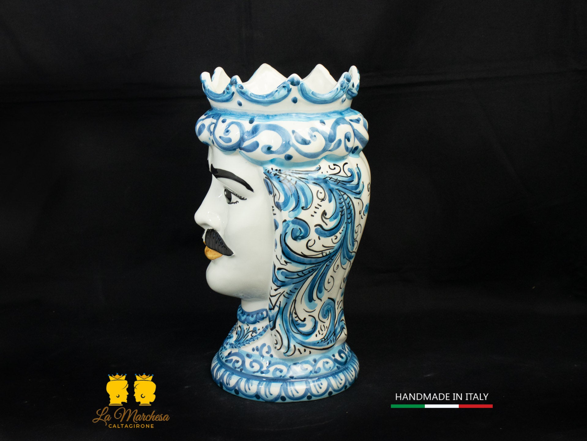 Testa di Moro Uomo in Ceramica di Caltagirone bianco decoro blu antico 26cm
