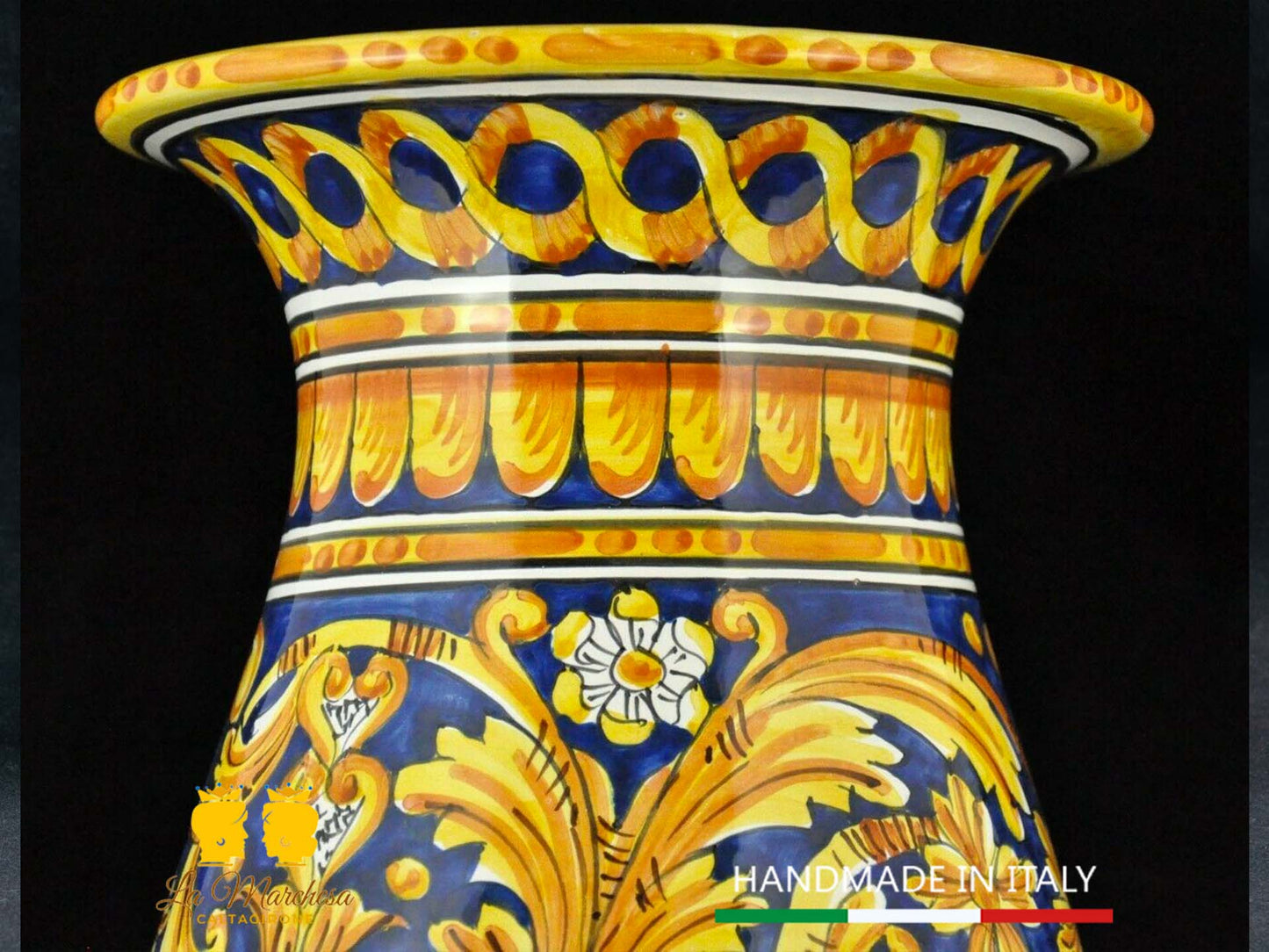 Vaso Portafiori in Ceramica di Caltagirone ornato barocco blu cobalto H41cm