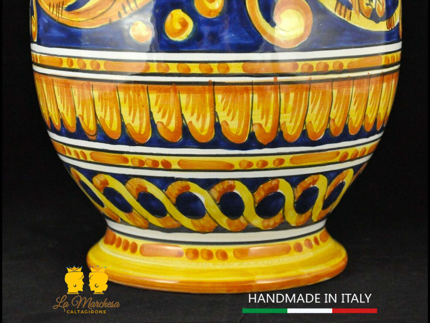 Vaso Portafiori in Ceramica di Caltagirone ornato barocco blu cobalto H41cm