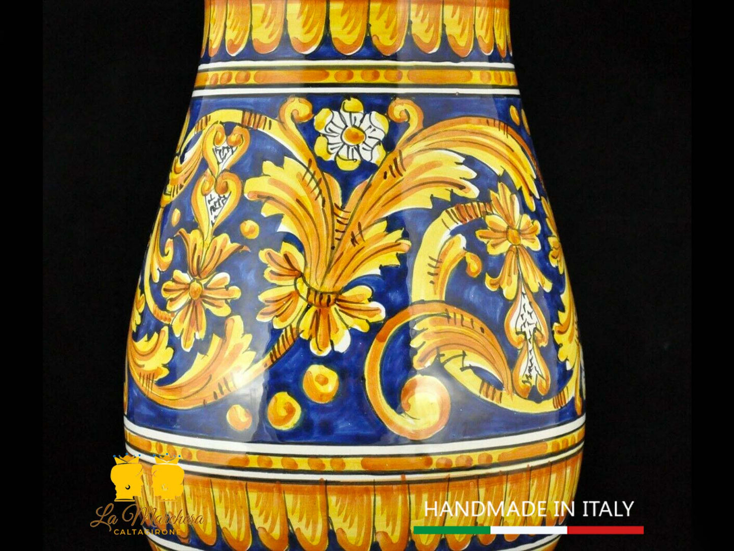 Vaso Portafiori in Ceramica di Caltagirone ornato barocco blu cobalto H41cm