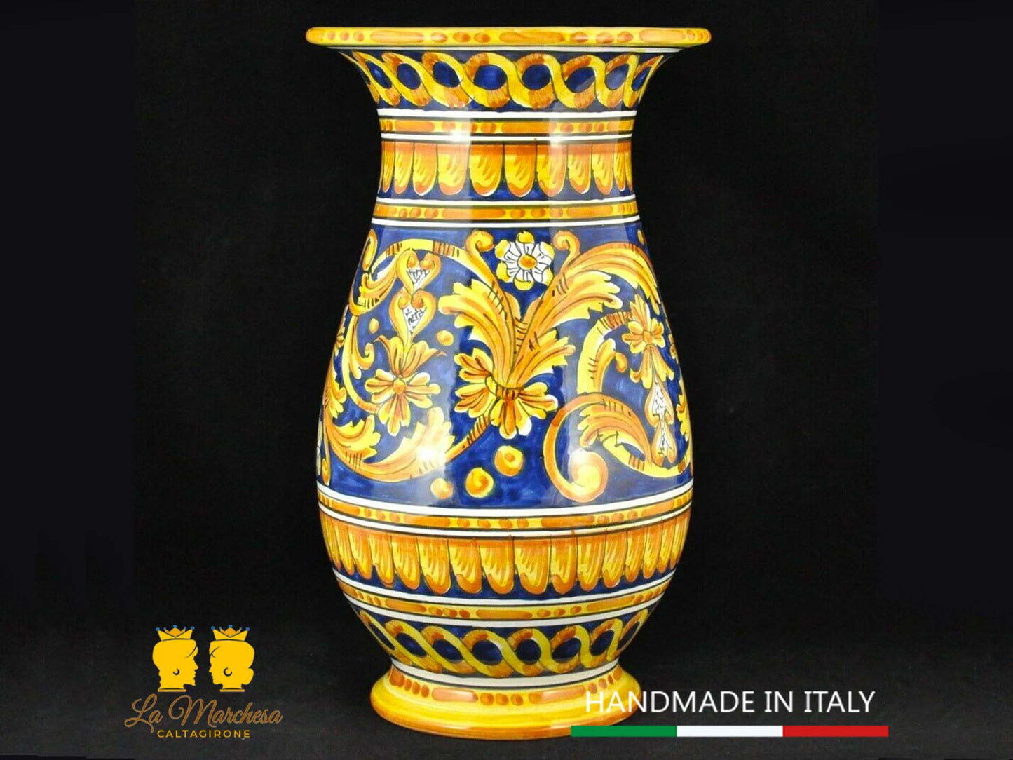 Vaso Portafiori in Ceramica di Caltagirone ornato barocco blu cobalto H41cm