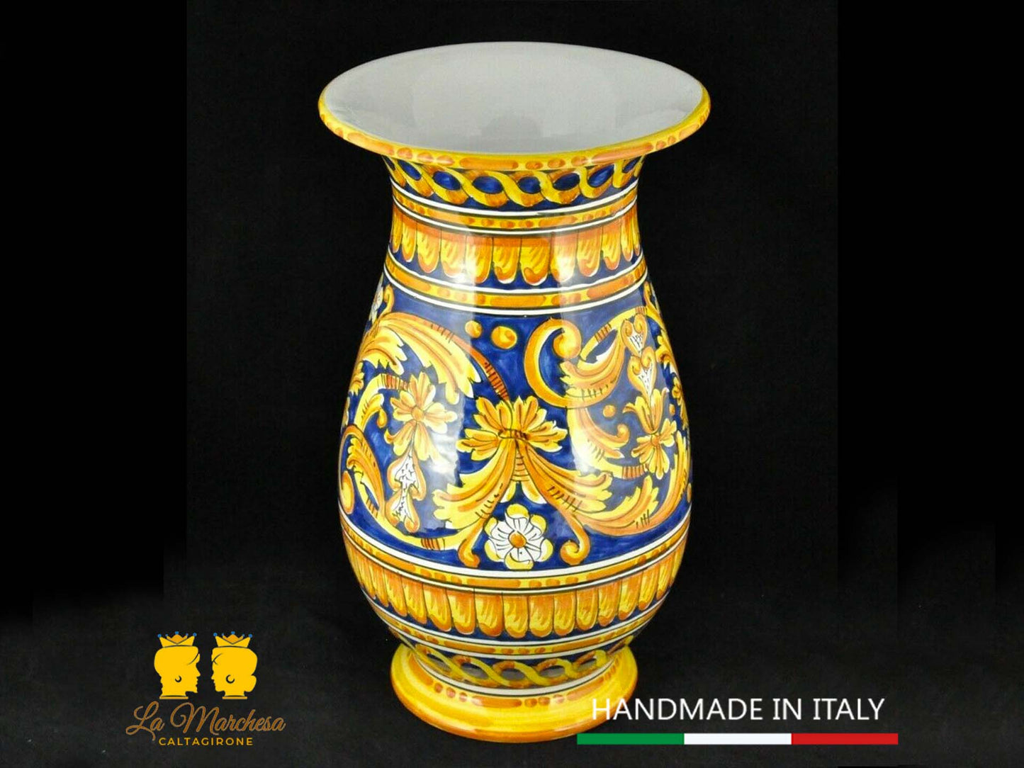 Vaso Portafiori in Ceramica di Caltagirone ornato barocco blu cobalto H41cm