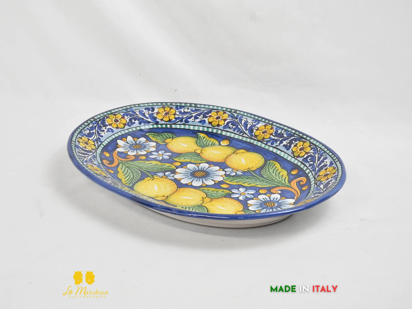 Vassoio ovale Pirofila in Ceramica di Caltagirone blu cobalto limoni 41cm
