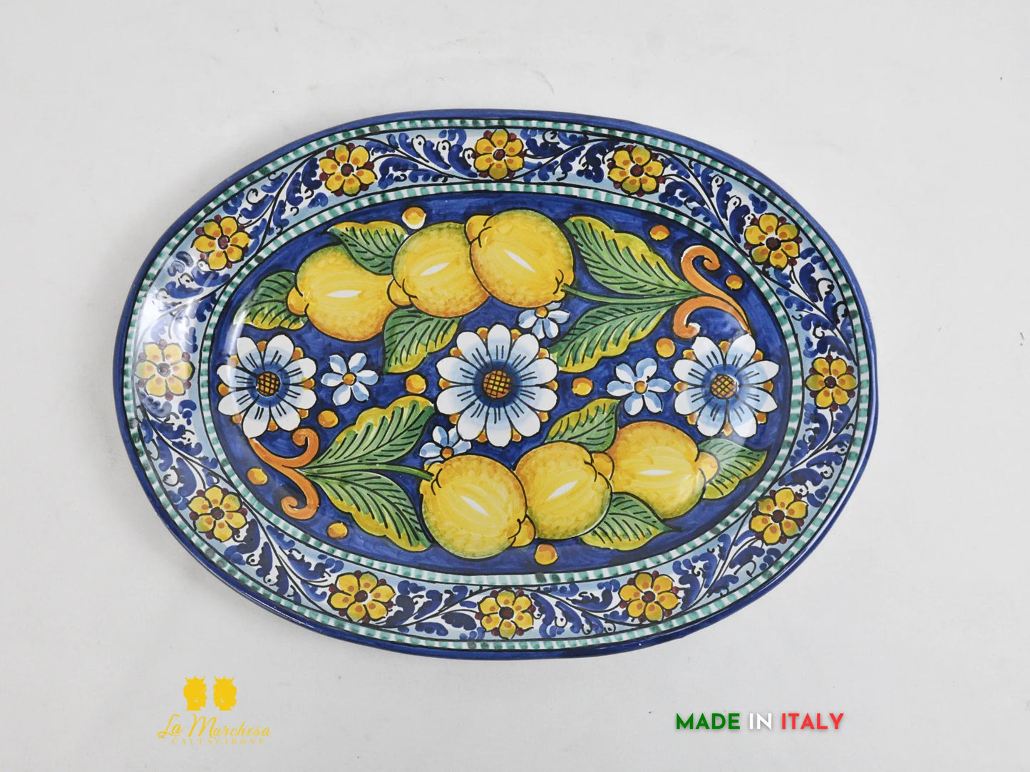 Vassoio ovale Pirofila in Ceramica di Caltagirone blu cobalto limoni 41cm