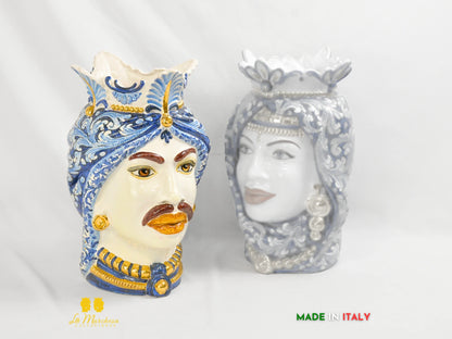 OUTLET - Teste di Moro in Ceramica di Caltagirone Afro Blu Antico Oro 37cm