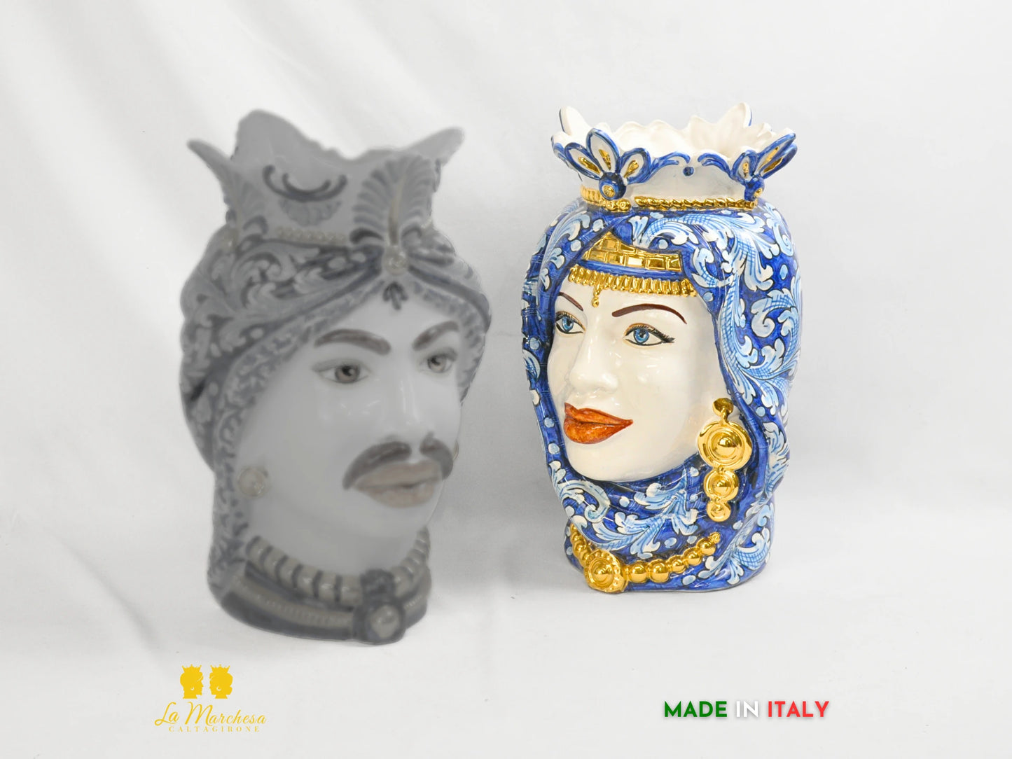 OUTLET - Teste di Moro in Ceramica di Caltagirone Afro Blu Antico Oro 37cm