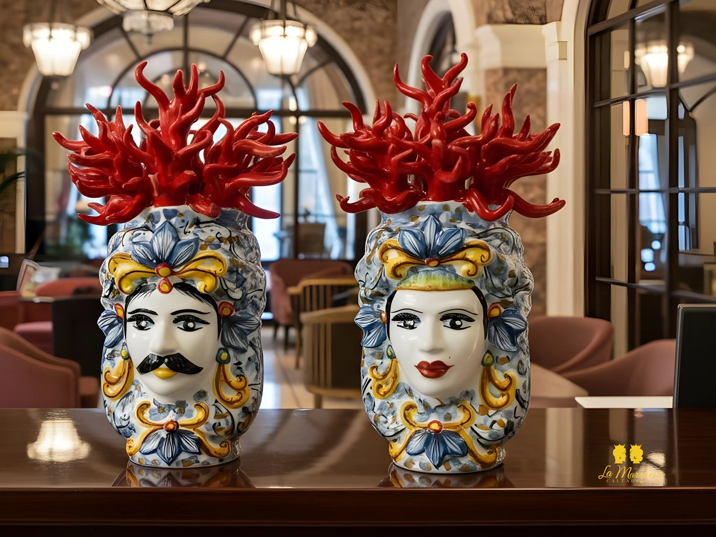 teste di moro corallo in ceramica di caltagirone