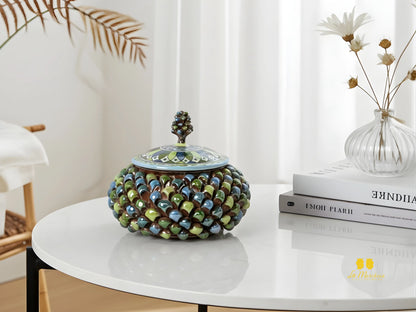 Biscottiera Pigna Blu Verde Madreperla in Ceramica di Caltagirone 26cm