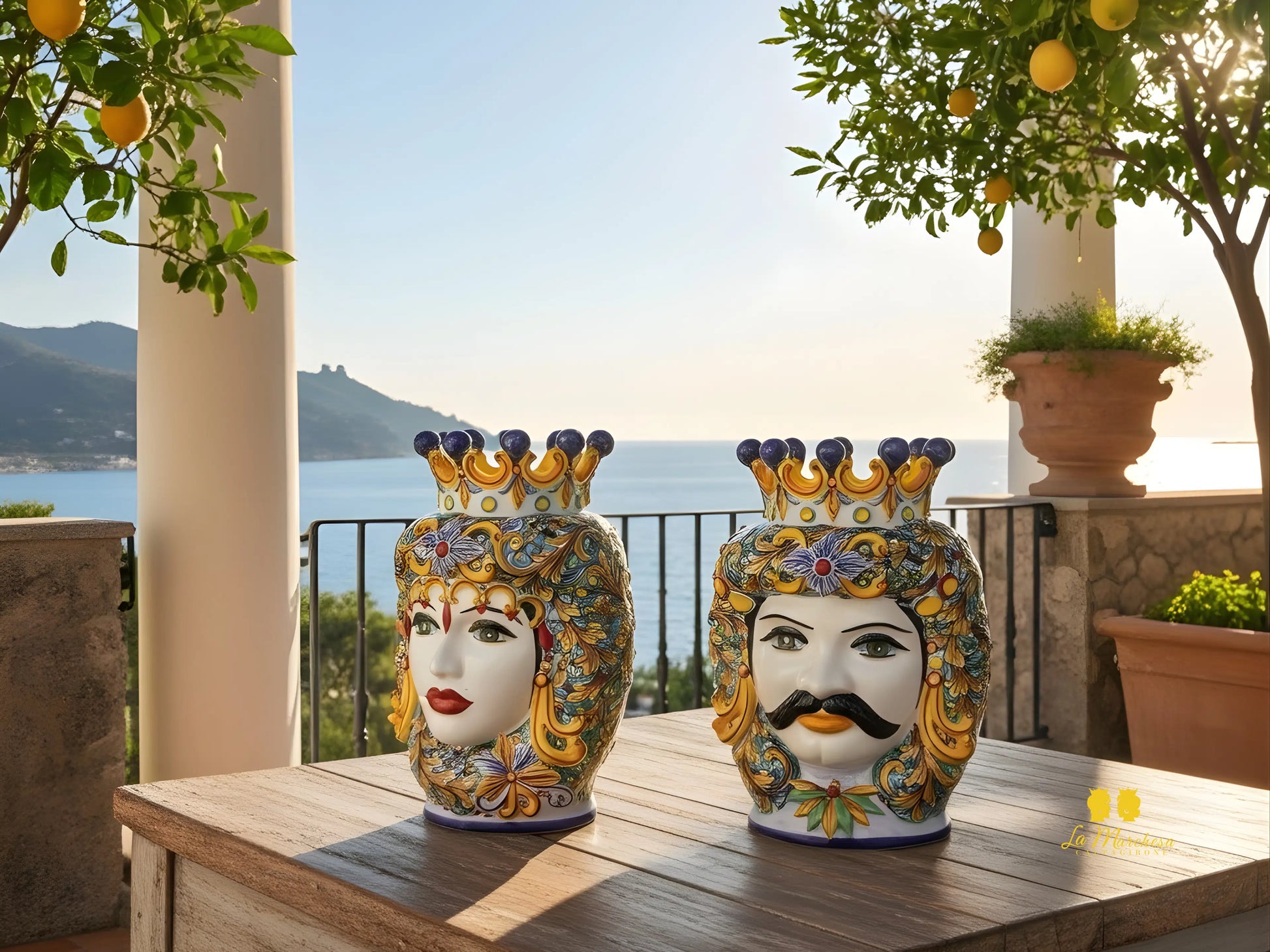 Teste di Moro in Ceramica Caltagirone Ornato Verde Rame Celeste - Varie Misure