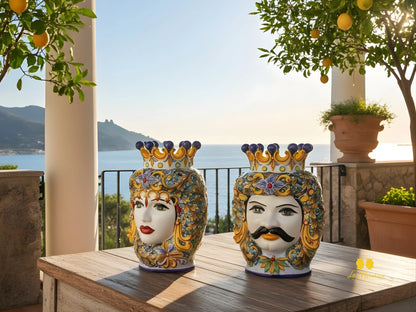 Teste di Moro in Ceramica Caltagirone Ornato Verde Rame Celeste - Varie Misure