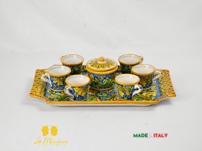 Servizio da Caffè in Ceramica di Caltagirone con Vassoio e Zuccheriera 