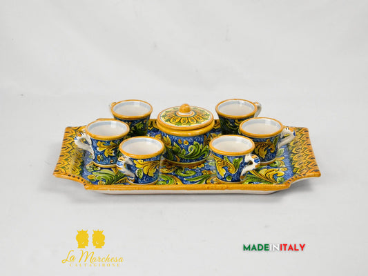 Servizio da Caffè in Ceramica di Caltagirone con Vassoio e Zuccheriera 