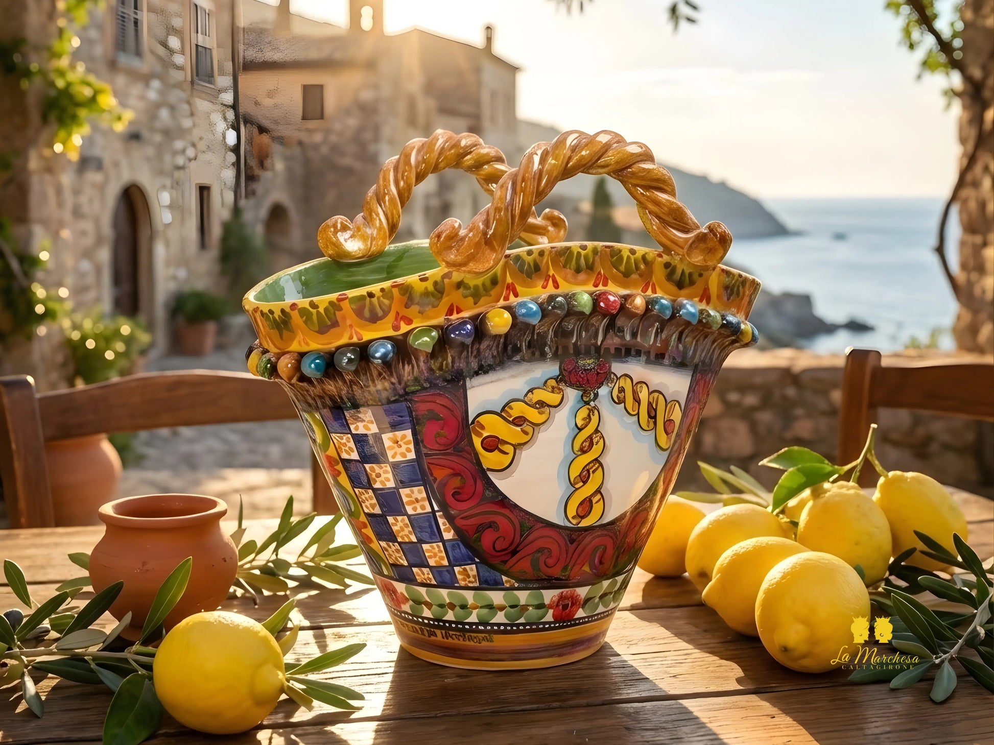 Vaso Coffa Siciliana Portavaso in Ceramica di Caltagirone Madreperla 38cm