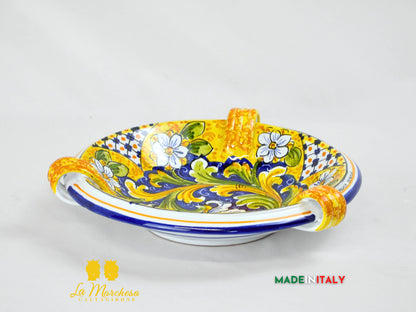 Ciotola Centrotavola in Ceramica di Caltagirone manici  ornato blu antico 31cm