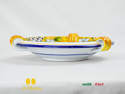 Ciotola Centrotavola in Ceramica di Caltagirone manici  ornato blu antico 31cm